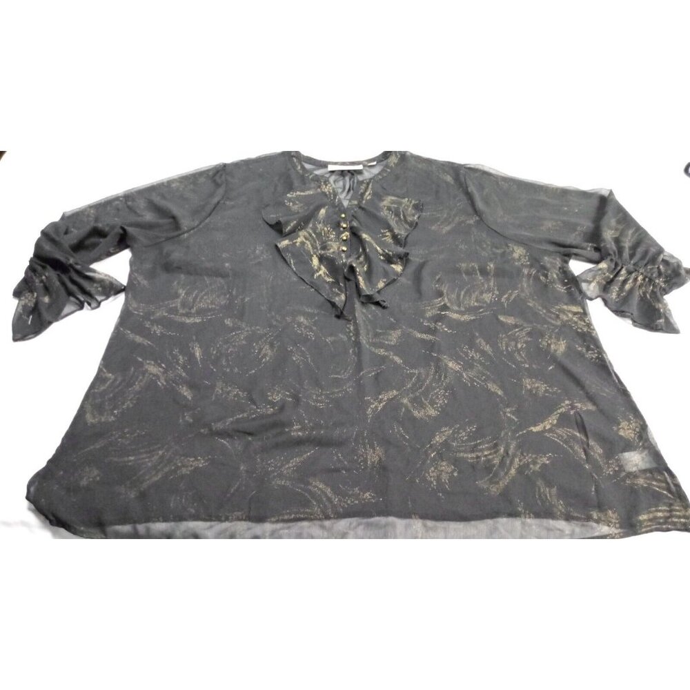 Avenue Studio 30/32 Sheer Front Ruffle V Neck Long Sleeve Black/Gold